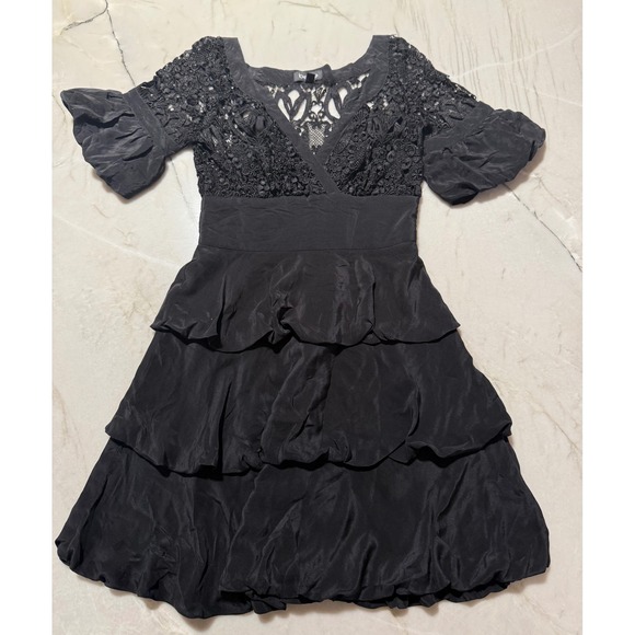 bebe Dresses & Skirts - bebe Black Lace Crochet Silk Tiered Ruffle Mini Dress Puff Sleeve Womens Size XS